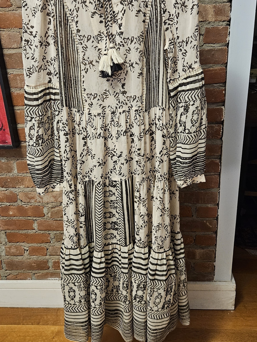 Anthropologie Cream And Black Maxi Dress with Black Floral & Geometric Print